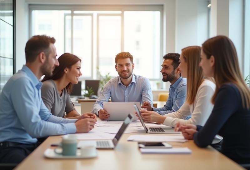 Pódio Comunicação team members discussing communication strategies in a bright, modern office in São Paulo.