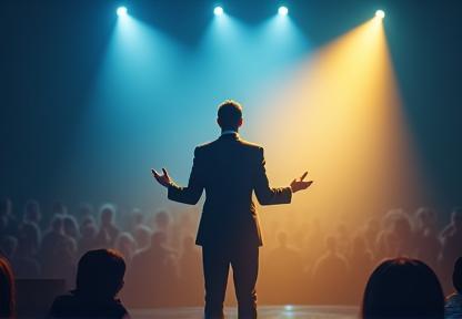 Image of a confident speaker on a stage, representing public speaking training.